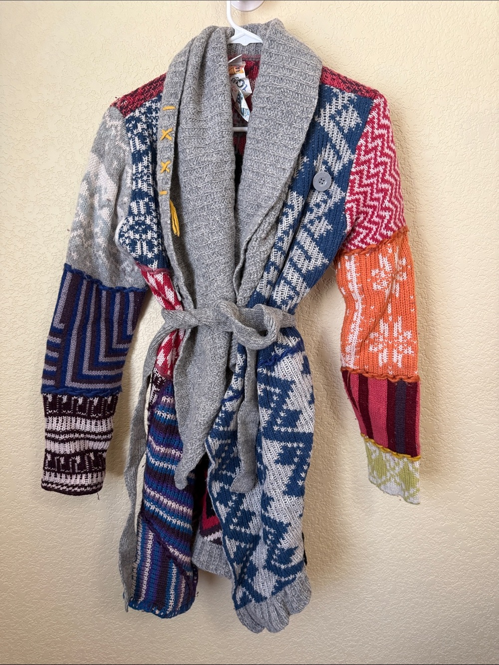 Desigual Multicolor Patchwork Open-Front Cardigan with Gray Shawl Collar